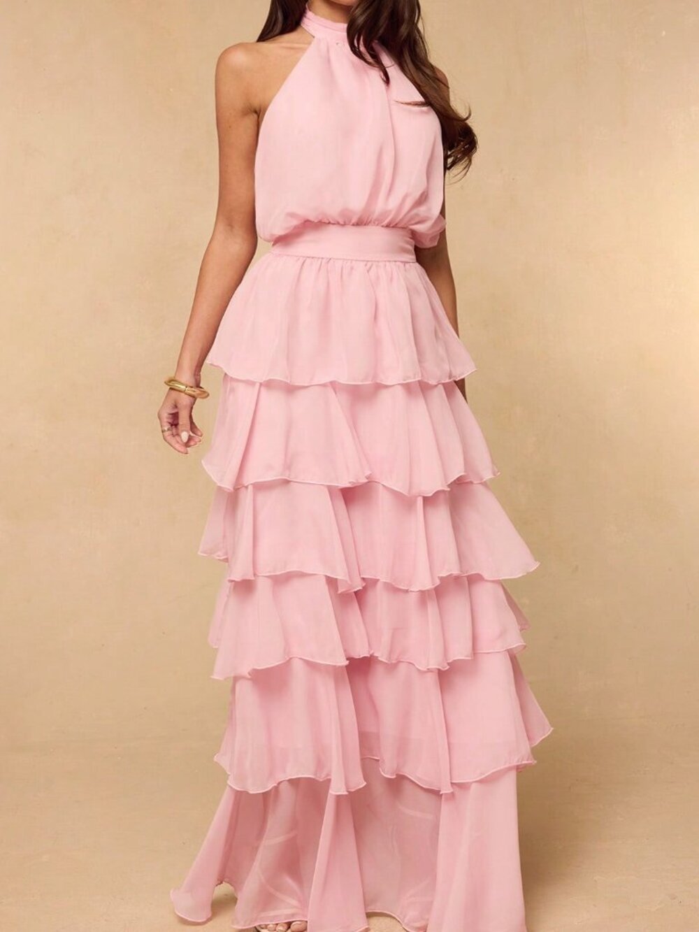 Pink Party Women's Multi-Layer Ruffle Neck Long Dress